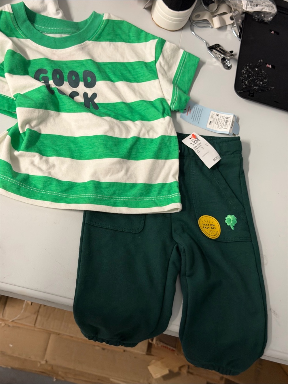 Green Stripe 'Good Luck' Tee & Dark Green Pants Set 12 months nwt